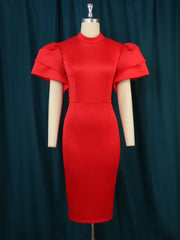 Designer Small Stand-up Collar Flared Sleeve Dress Waist Closed Cocktail Party Dress