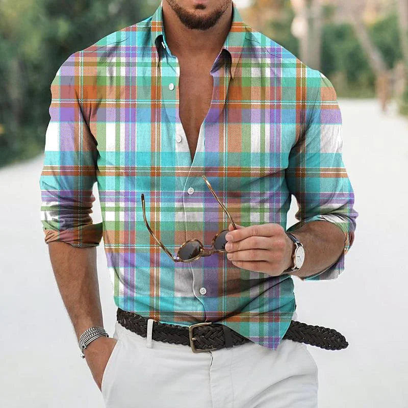 Men's Shirt Lapel Long Sleeve Striped Plaid Stitching Irregular Fashion Sports Leisure Street Outdoor High Quality Fabric 2023