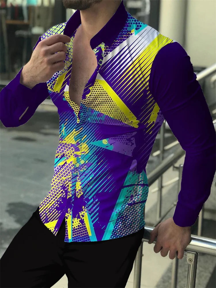 2023 new men's luxury social shirt lapel button shirt casual printing long-sleeved men's club prom cardigan street top
