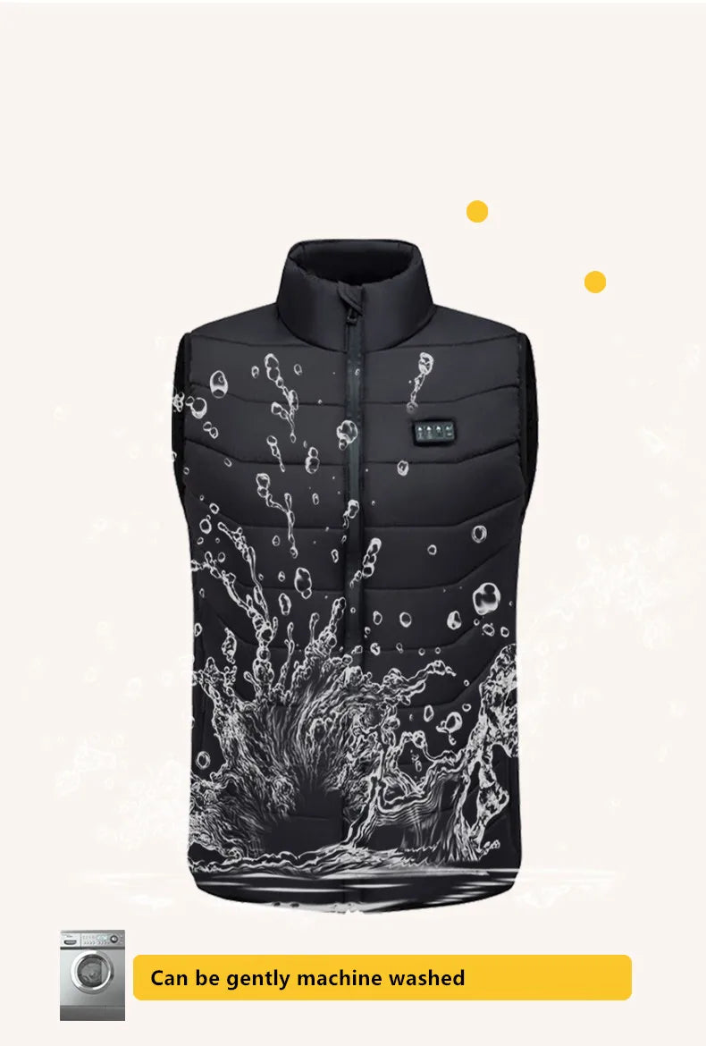 Men's heated winter vest jacket by Showlu Smart General, featuring a padded black design with heating elements visible in the image.