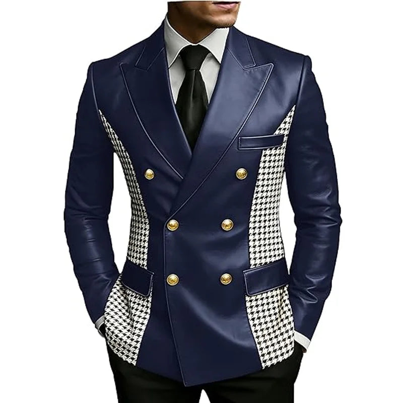 Men’s brown leather blazer with houndstooth sides, vintage double-breasted design, slim fit, gold buttons, leather tuxedo jacket.