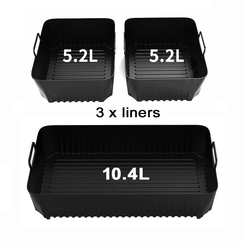 Silicone air fryer basket by Showlu Smart General showing a non-stick, flexible cooking basket for healthy frying.