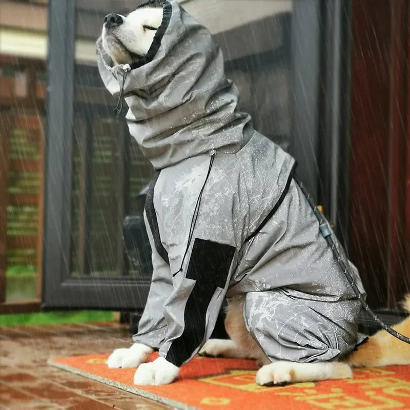 Large dog raincoat by Showlu Fashion Store with reflective waterproof hoodie jumpsuit for outdoor protection.