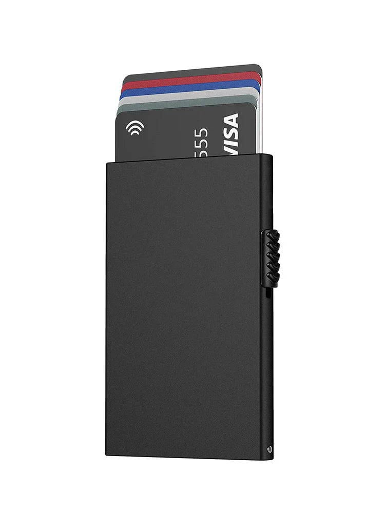 Slim metal RFID blocking pop-up card holder wallet by Showlu Minimalist Fashion Store, featuring a sleek design and multiple card slots.