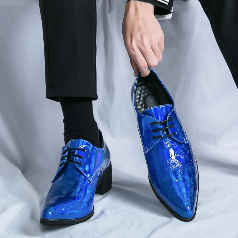 Blue and black pointed lace-up dress shoes for men, stylish formal loafers suitable for weddings, prom, and homecoming events.