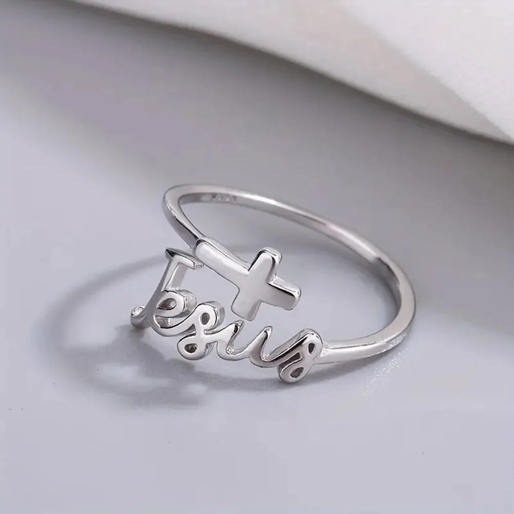 Showlu Silver Cross Jesus Zircon Ring featuring a religious design with sparkling zircon stones, perfect for prayer jewelry.