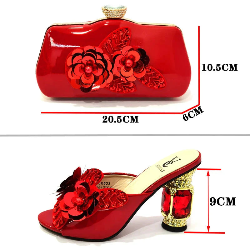 Giyu Italian leather peep toe pumps with stone embellishments and matching leather bag, stylish women's shoe and accessory set
