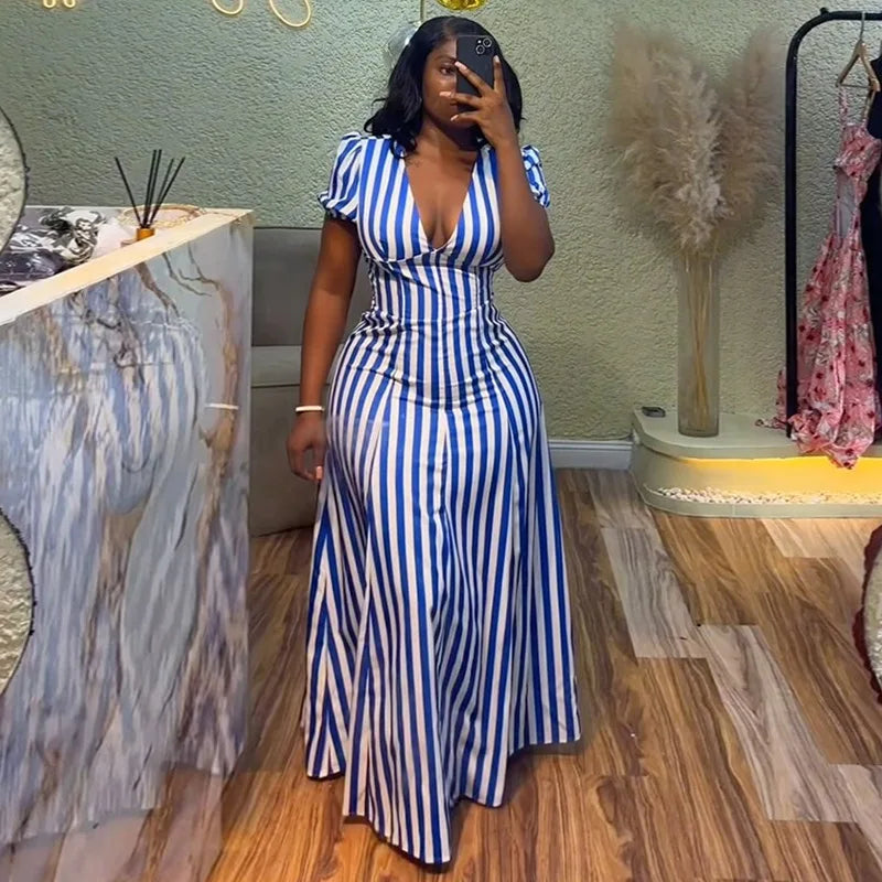 Women’s striped printed V-neck dress with short sleeves, slim fit, vintage style, ideal for summer casual and vacation wear.