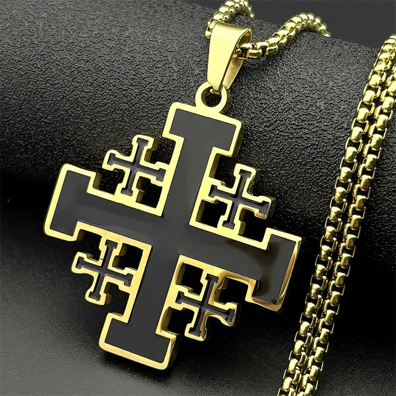 Stainless steel Jerusalem Cross necklace with Bible verse pendant, featuring a detailed religious symbol and elegant design.