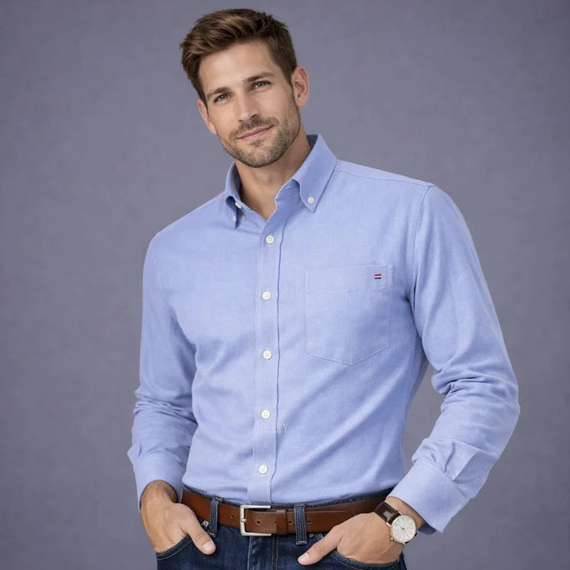 Men's long sleeve plaid oxford casual shirt in solid color, regular fit, 100% cotton, oversized 6XL, by Showlu Fashion Store.