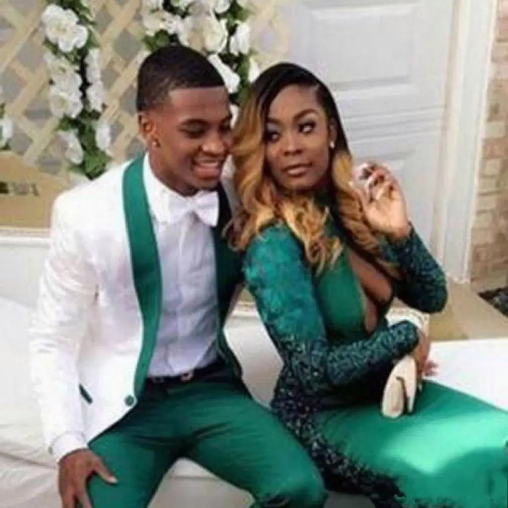 White Jacquard  Wedding Tuxedos Green Shawl Lapel Groom Tuxedos Fashion Men Blazer 2 Piece Suit PromDinner Jacket