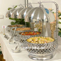 Stainless steel wedding party chafing dish with hanging design, used for buffet food warming at catering events.