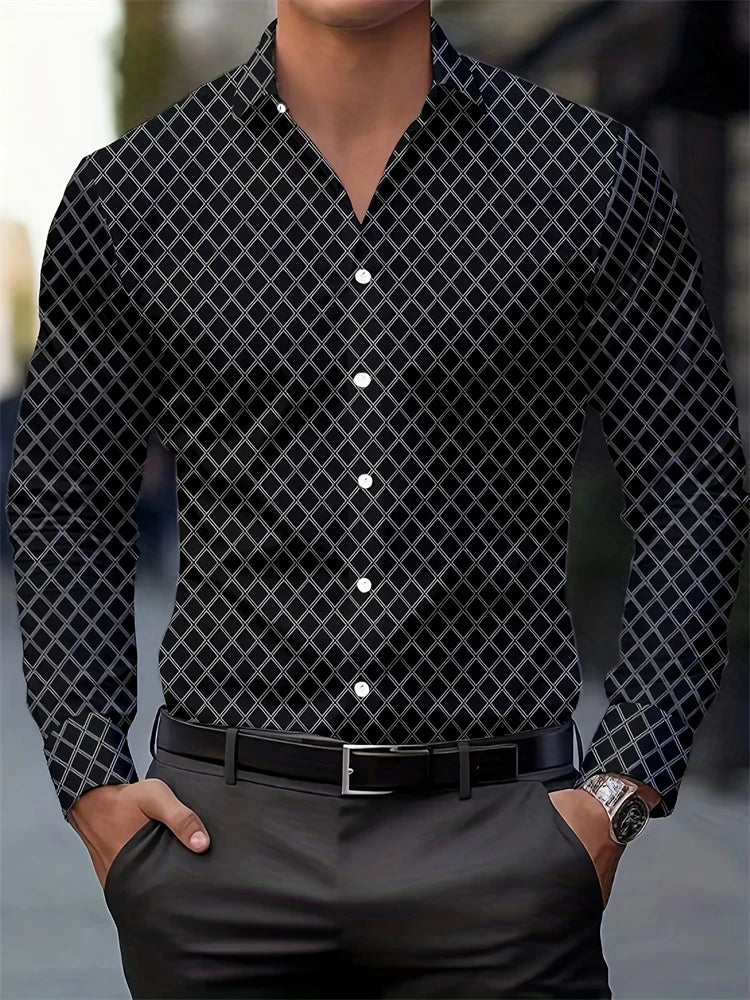 Multicolour striped men's long-sleeved shirt with buttons, lapel, casual style, made of polyester for autumn wear.