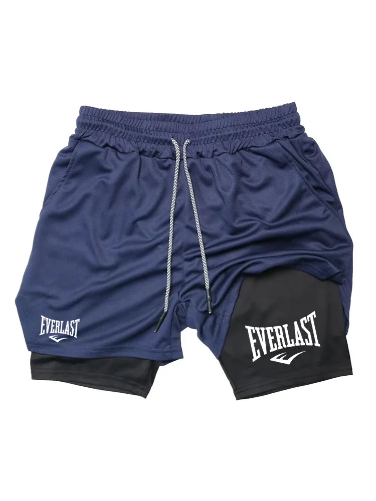 Men’s 2-in-1 running shorts with double-deck design, Showlu Fashion sport shorts for gym, fitness, and jogging activities.