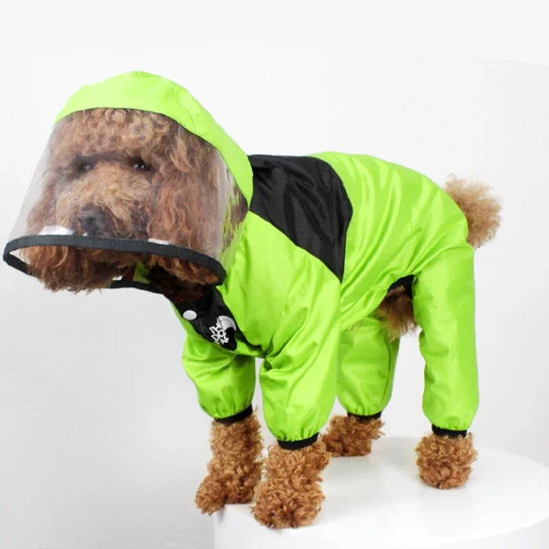 Transparent hooded waterproof dog raincoat from Showlu Fashion Store, made of polyester, with a clear hood and secure fit.