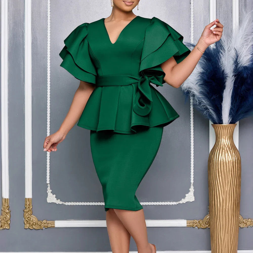 Women's V-neck ruffle sleeve peplum midi dress by SHOWLU FASHION STORE, featuring a fitted bodycon silhouette and elegant design.