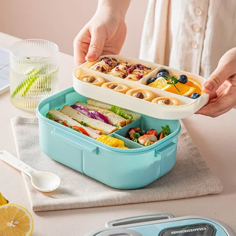 Portable wheat straw bento lunch box with handle, reusable food container for meals and snacks, ideal for on-the-go dining