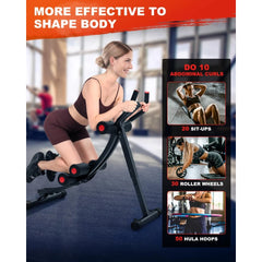 A woman uses an adjustable abdominal exercise machine in a gym setting with inset images showing various workout routines.