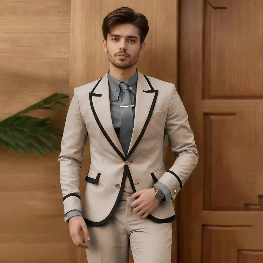 Beige male fashion suit 2-piece set with single-breasted blazer and slim-fit pants, ideal for groomsmen, prom, or wedding events.