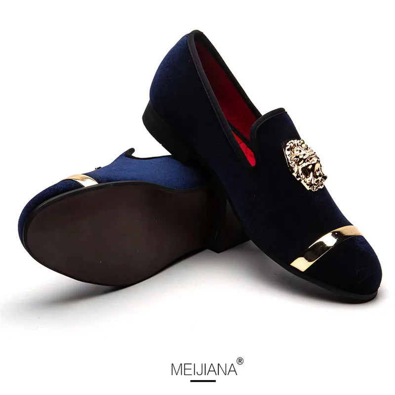 Men's velvet loafers by Showlu Fashion with gold tiger metal detail, party dress shoes featuring stylish and elegant design.