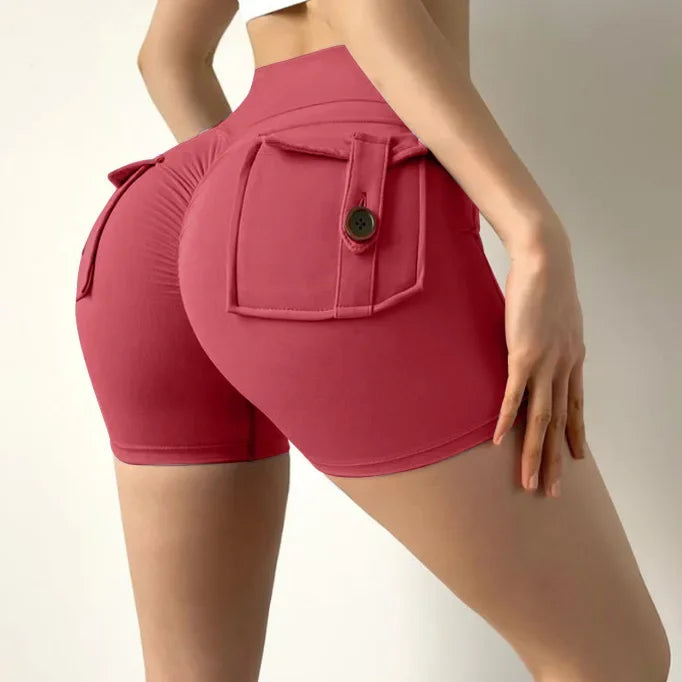 SANWOOD women's high waist peach butt lifting yoga shorts with pockets, shown in a close-up view highlighting the fabric and fit.