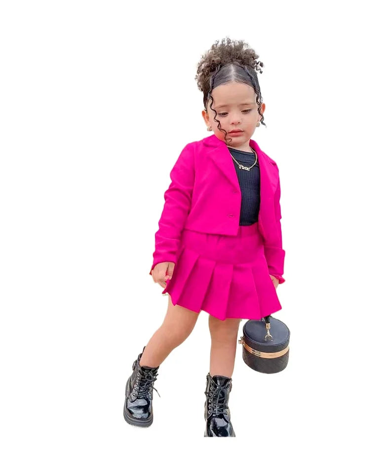 Kids girls autumn 2-piece outfit with long sleeve button coat and pleated plaid skirt, suitable for ages 2 to 8 years