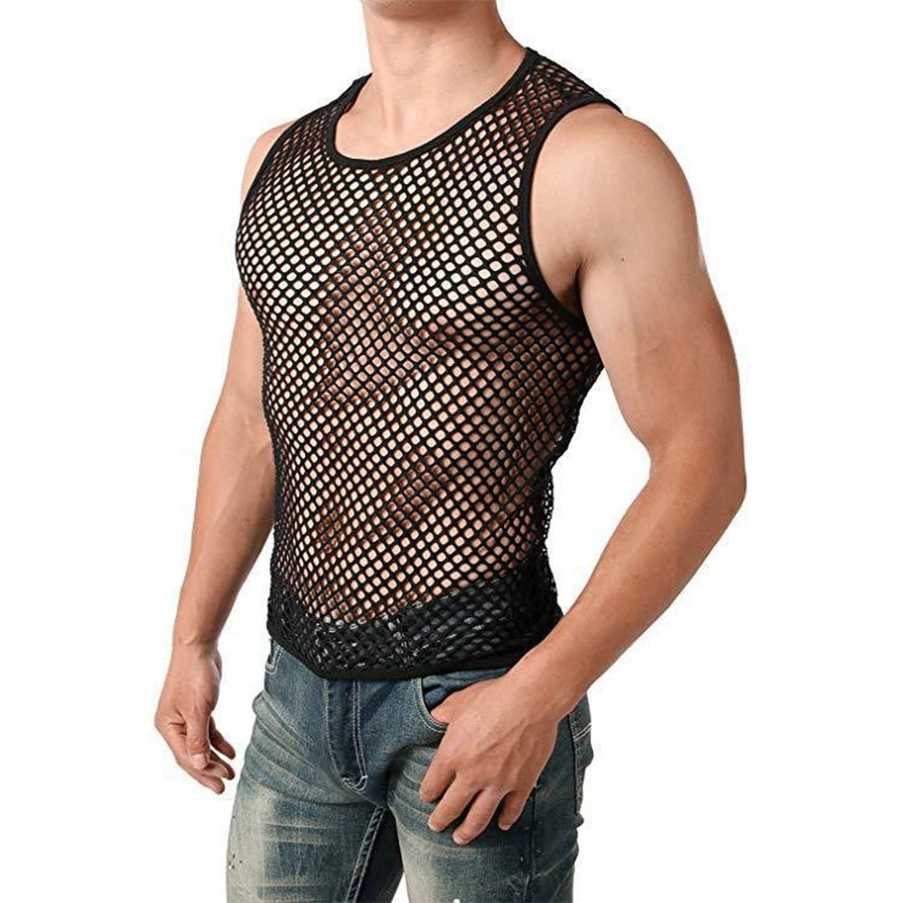 Men's transparent mesh tank top by Showlu Fashion, sleeveless fishnet vest with string details, ideal for clubwear and slim sport style.