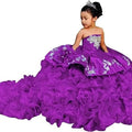 Elegant Flower Girl Dresses for Wedding Off Shoulders Appliques Layered Tail Kids Birthday First Communion Gowns Custom
