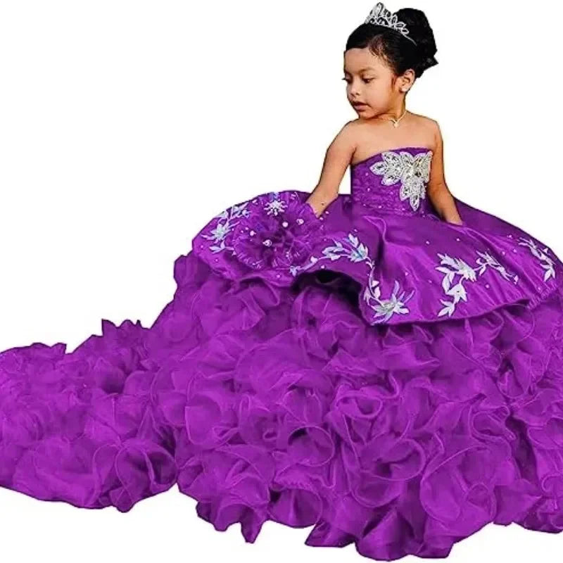 Elegant Flower Girl Dresses for Wedding Off Shoulders Appliques Layered Tail Kids Birthday First Communion Gowns Custom