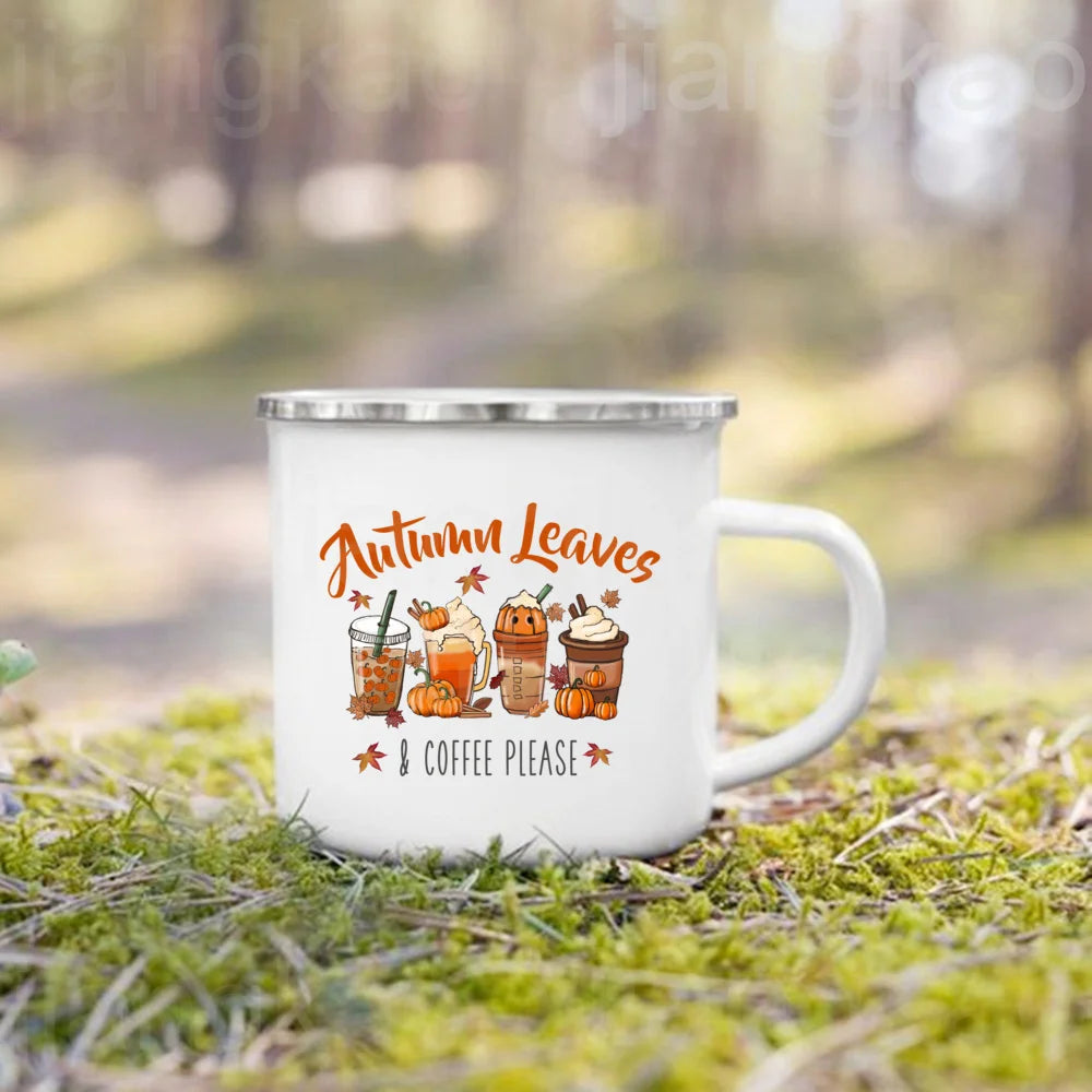 Showlu Pumpkin Spice Jesus Christ enamel mug with fall-themed design, perfect for camping and coffee enjoyment.