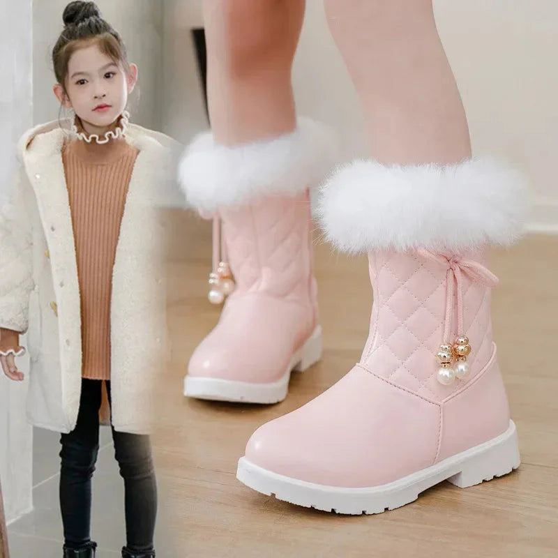 Girls winter snow boots by SHOWLU FASHION STORE, mid-calf length, PU leather with decorative bow, designed for warmth and style.