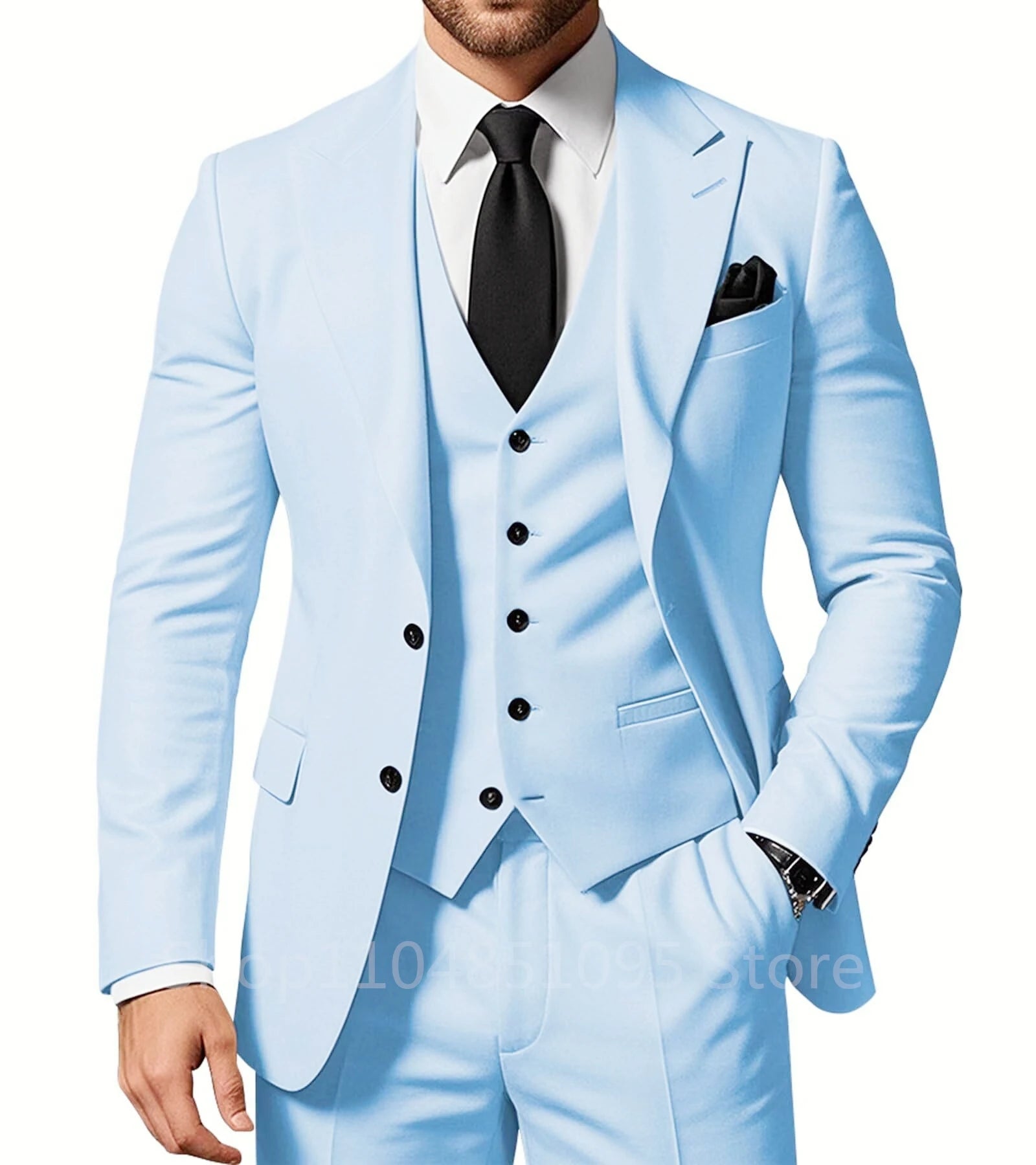 Solid black 3-piece men's wedding suit with peak lapel jacket, vest, and dress pants, perfect for formal occasions and prom.