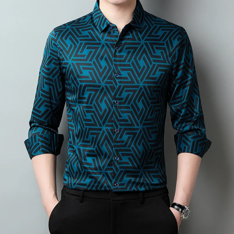 Men's casual printed long-sleeve lapel shirt by Showlu Fashion, wrinkle-free spring and autumn top, comfortable and easy to wear