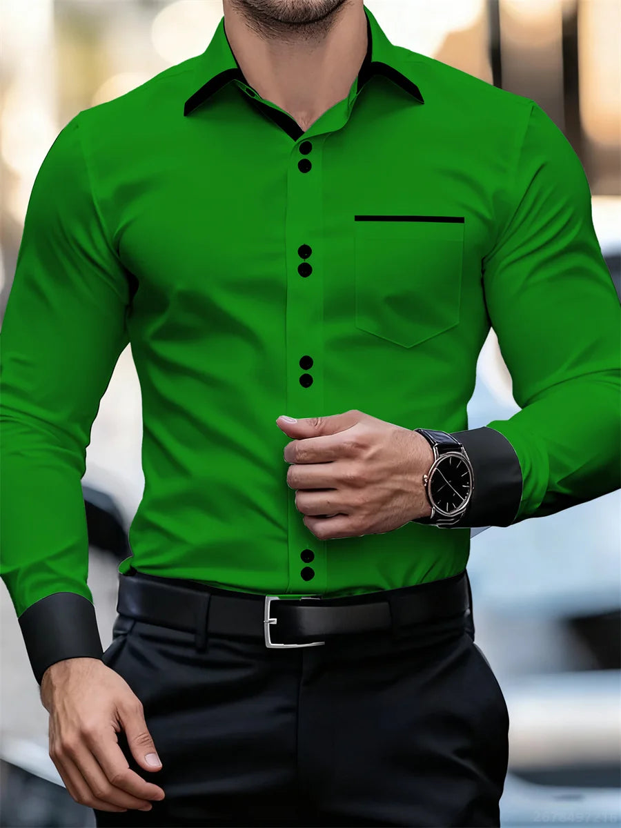 Men's black and white color block collar long sleeve shirt with slim fit, wrinkle-free patchwork design from Showlu Fashion Store