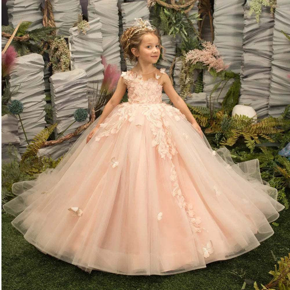 Pink flower girl dress by Showlu Fashion with 3D floral applique tulle ball gown for kids, featuring a delicate and elegant design.