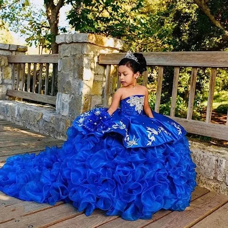 Elegant Flower Girl Dresses for Wedding Off Shoulders Appliques Layered Tail Kids Birthday First Communion Gowns Custom