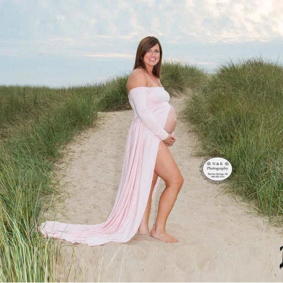 Showlu Fashion maternity long summer dress for pregnancy photo shoots, strapless maxi dress designed for maternity photography.