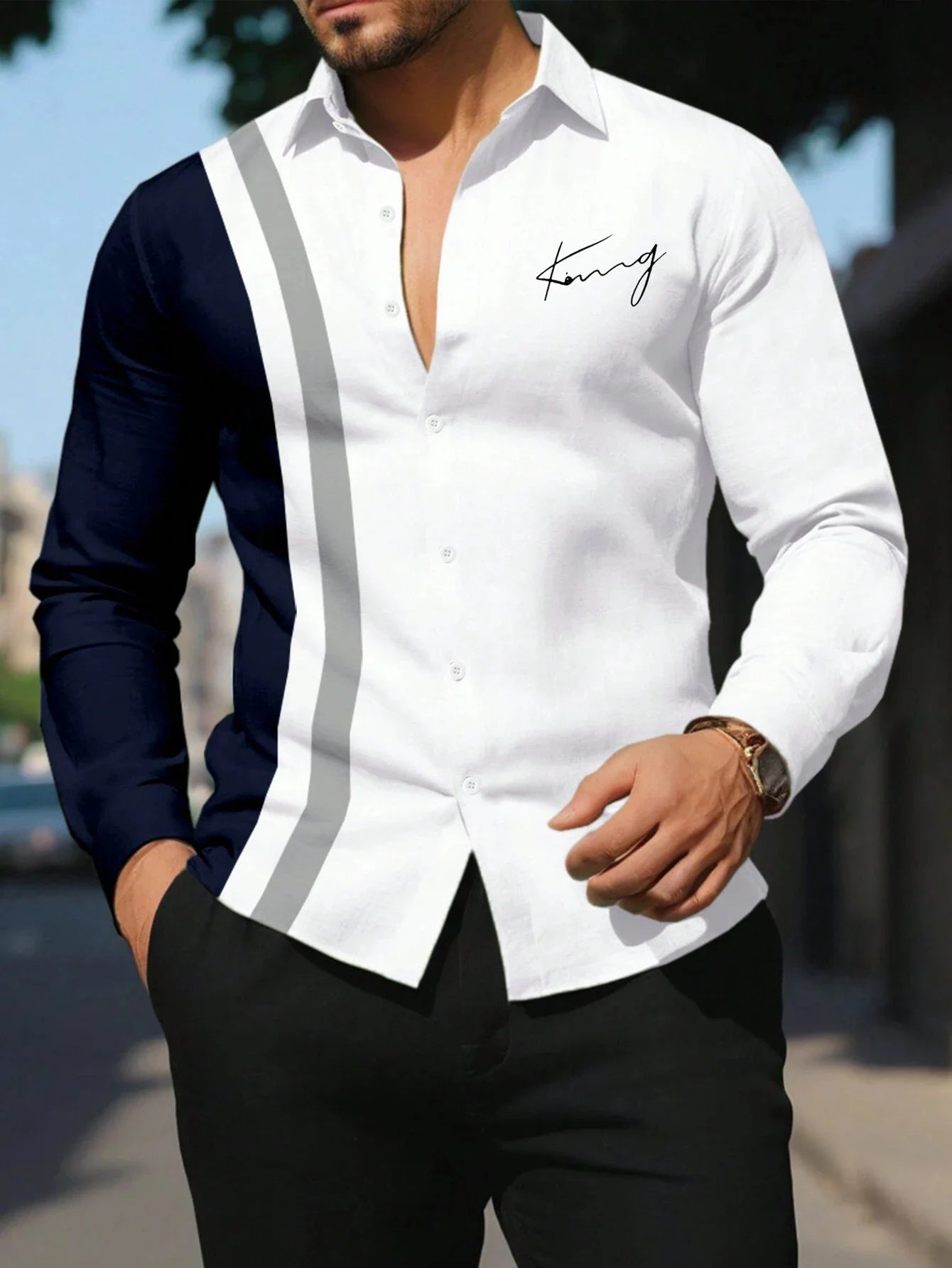 Men's patchwork striped printed long sleeve shirt with lapel collar, stylish business casual design by Showlu Fashion Store.