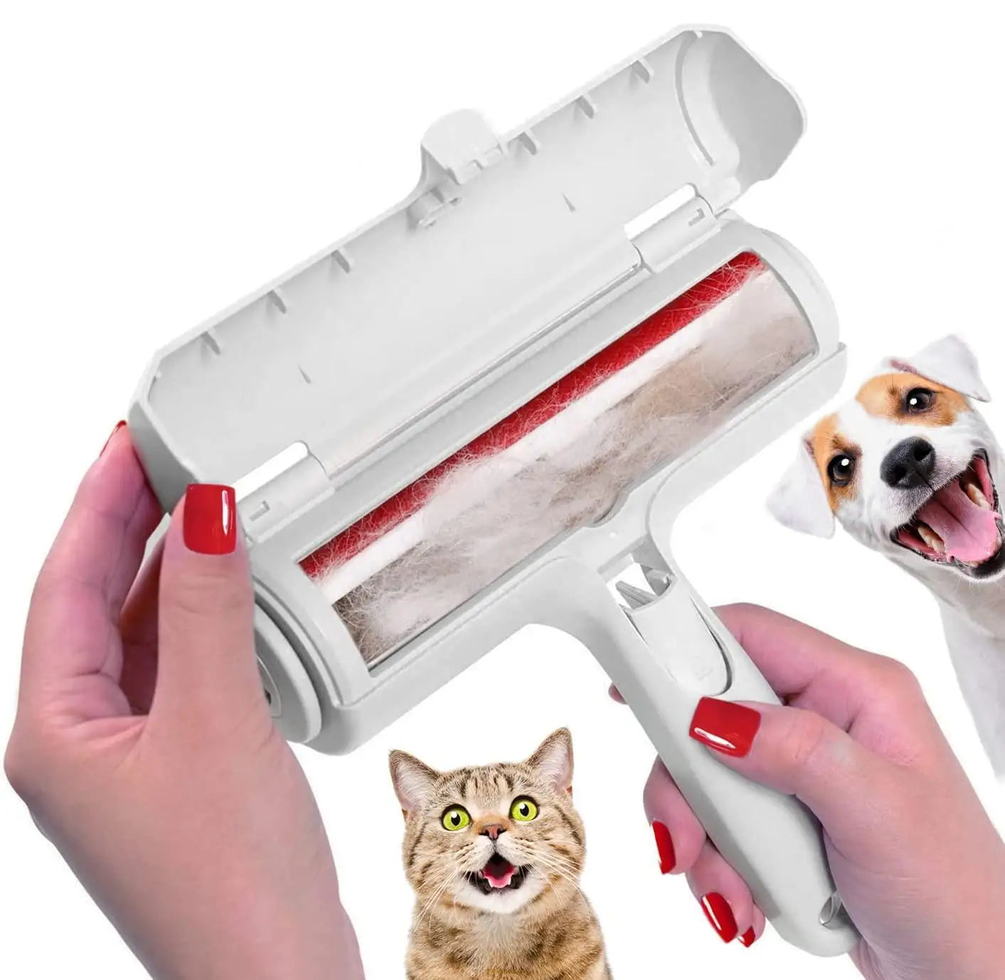 Showlu Smart General reusable pet hair lint remover roller with a handle and sticky surface for removing pet hair from clothing and furniture.