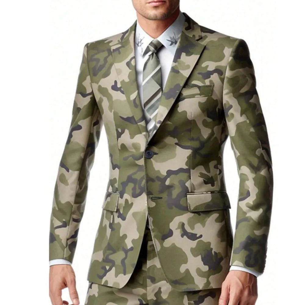 SHOWLU men's camouflage slim fit wedding tuxedo suit set, two-piece formal suit with jacket and trousers in camouflage pattern.