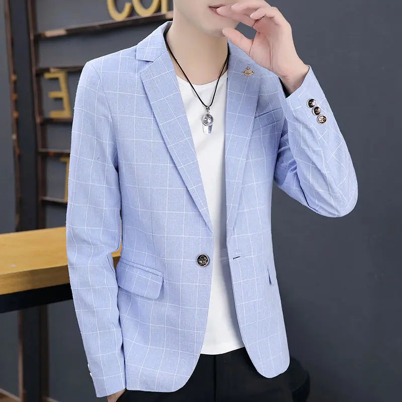 Men's slim fit striped plaid blazer by SHOWLU FASHION STORE, casual Korean style jacket with tailored fit and stylish pattern.