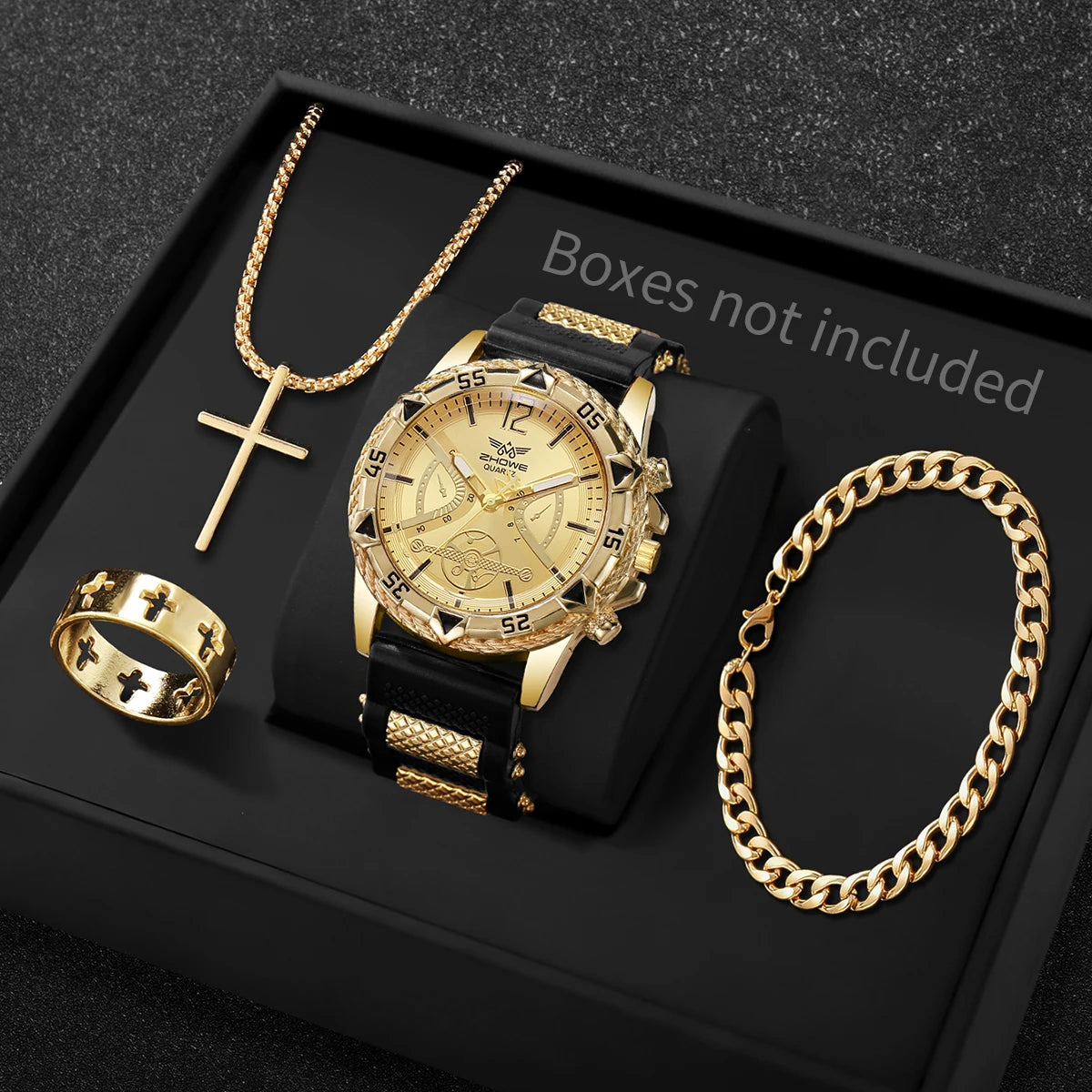 Fashion Arabic dial men's quartz wristwatch with silicone strap, paired with a matching necklace in a stylish business casual set.
