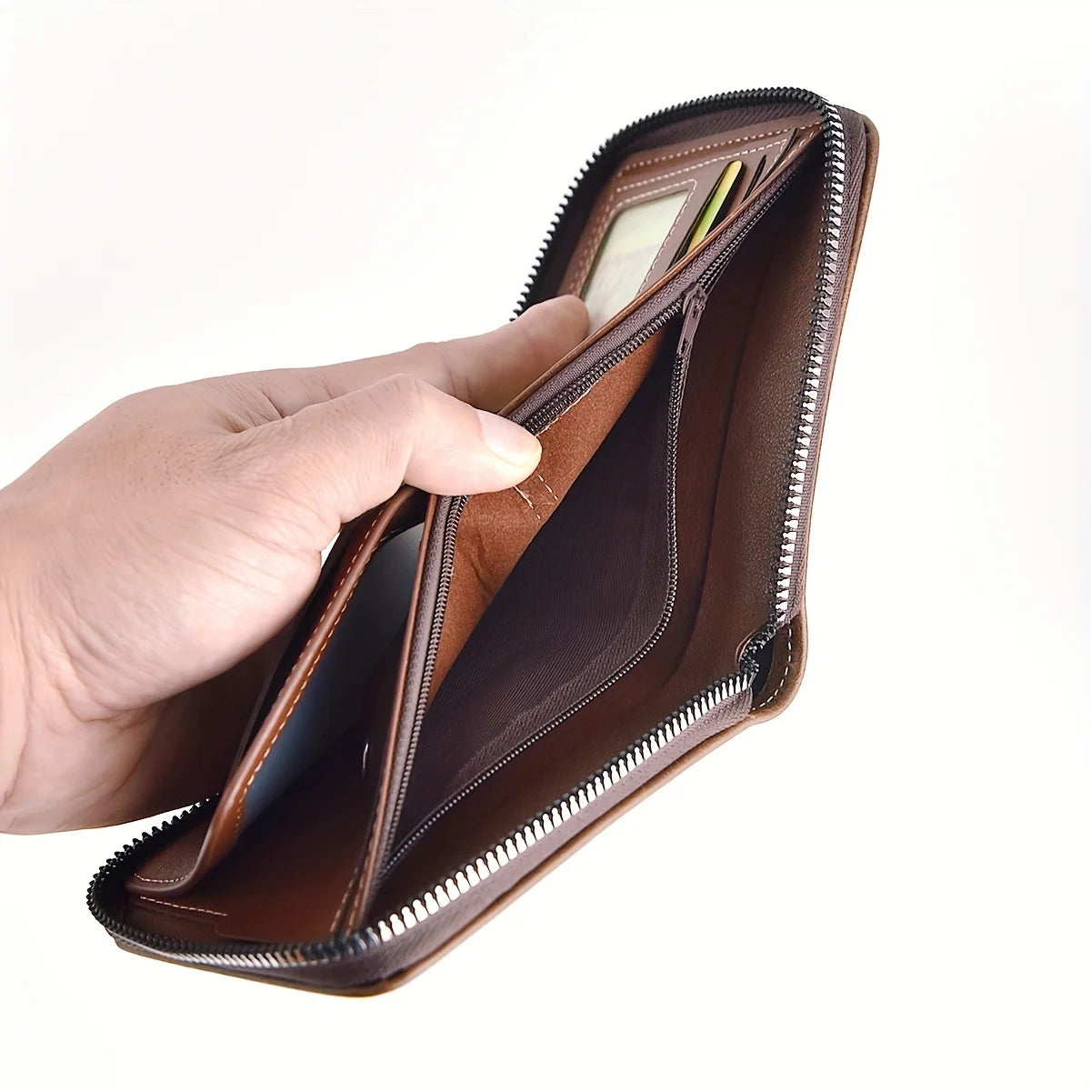 Men's PU wax oil leather wallet with zipper, coin pocket, card holder, and slim design for men.