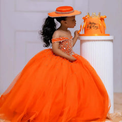 Orange Tulle Girls Birthday Party Dresses Customized Ball Gown Crystal Flower Girl Dresses for Wedding Baby Girls Pageant Dress