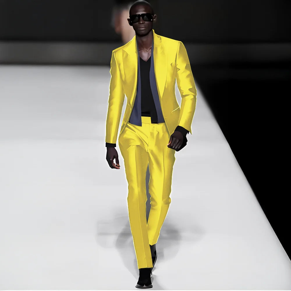 Elegant satin men's 2-piece suit with peak lapel blazer and matching pants, perfect for weddings, parties, or formal events.