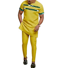 African Fashion Yellow Men's Set Outfits Short Sleeve Tops Patch Trousers Nigerian Print Male Pant Suits Party Wear Customized