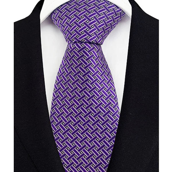 Purple men's necktie with floral plaid and stripe pattern, jacquard woven, suitable for business, wedding, or formal occasions.