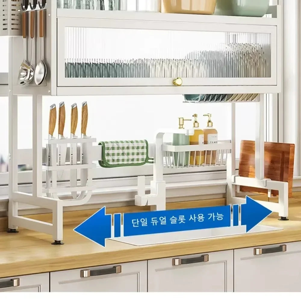 Showlu stainless steel over sink dish drying rack with scalable organizer for efficient kitchen dish drying and storage.