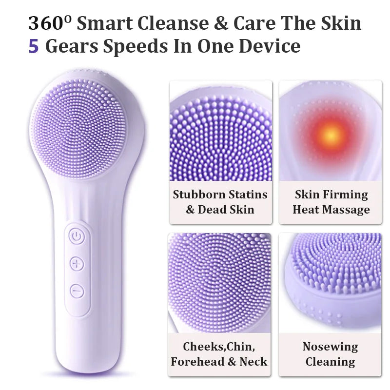 Rechargeable silicone facial cleansing brush by Showlu Smart General, showing soft silicone bristles and ergonomic handle.