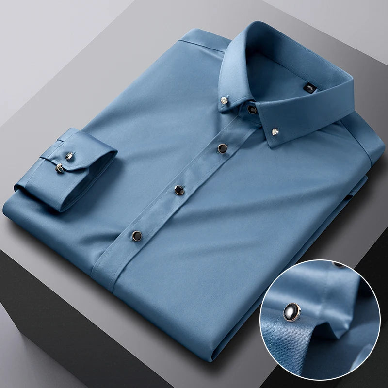 Elegant men's long sleeve dress shirt by Showlu Fashion, silk-feel stretch fabric with diamond buttons, ideal for formal occasions and parties.